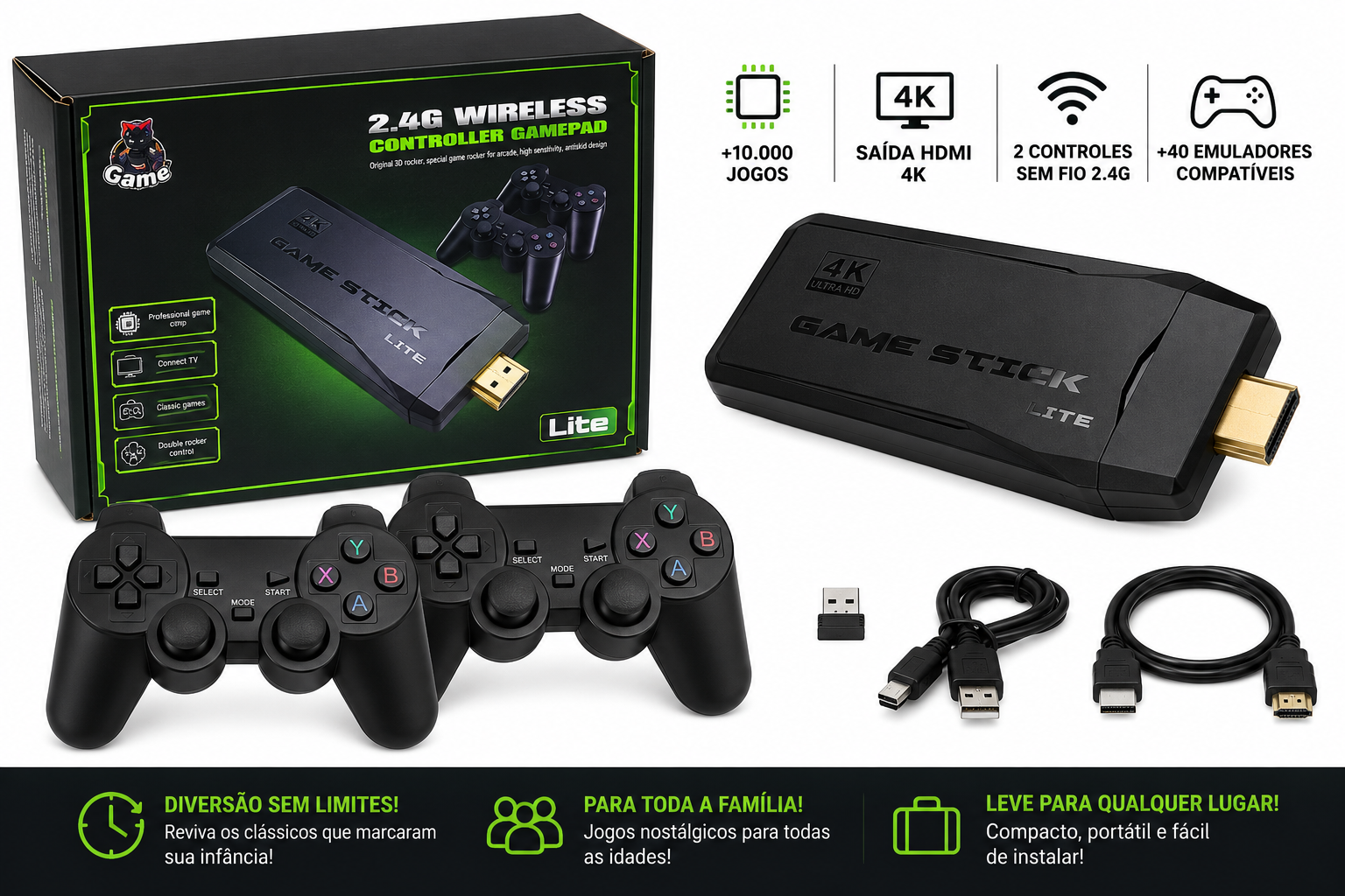 Game Stick Lite 4K preto com dois controles sem fio e acessórios
